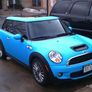 light blue mini car wrap