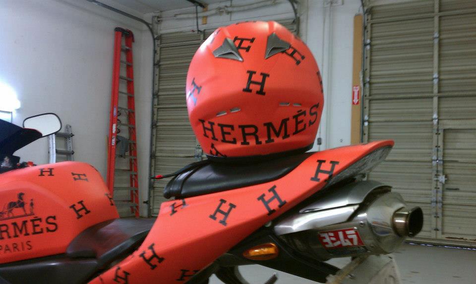 Orange hermes wrap helmet